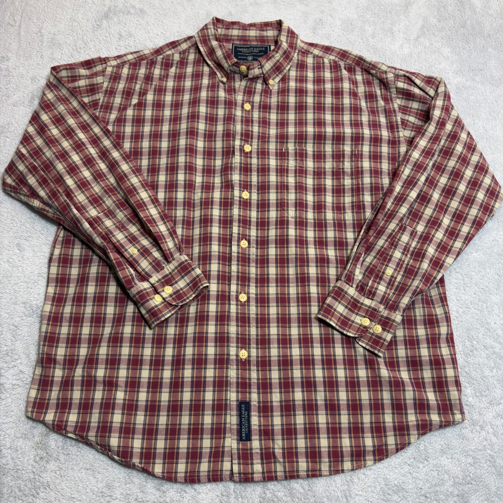 American Eagle Button Down Shirt Mens Large Red Plaid Cotton Long Sleeve Casual